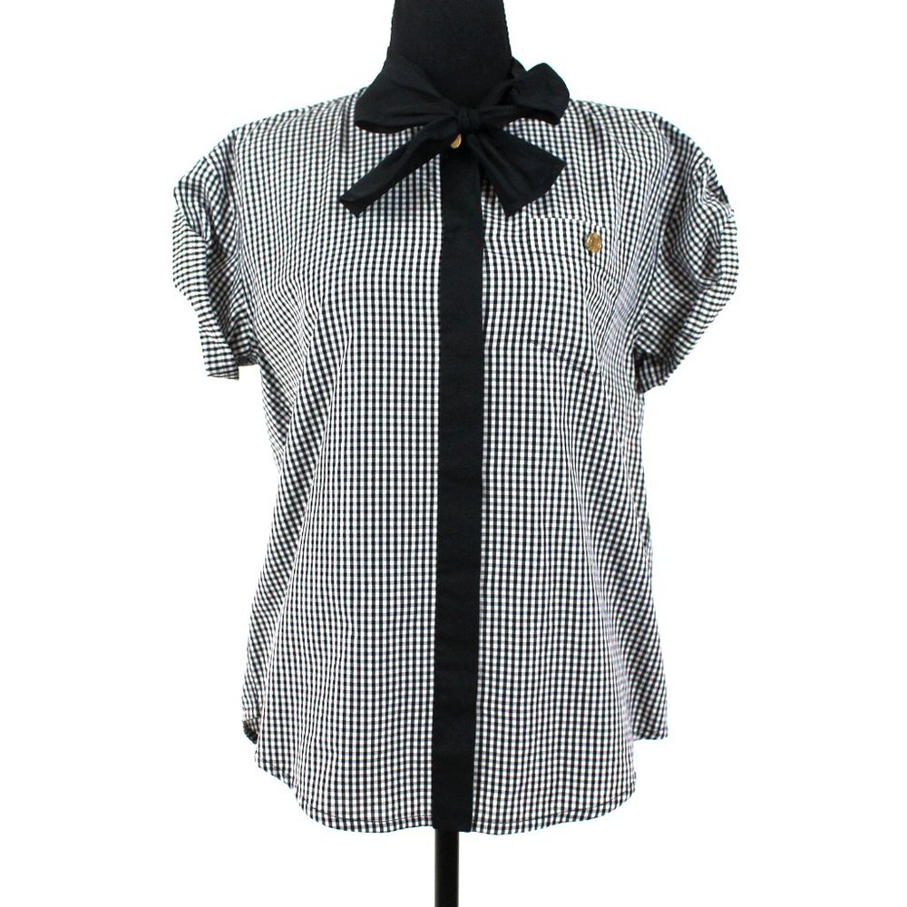 Louis Vuitton Black and White Gingham Bow Tie Blouse
